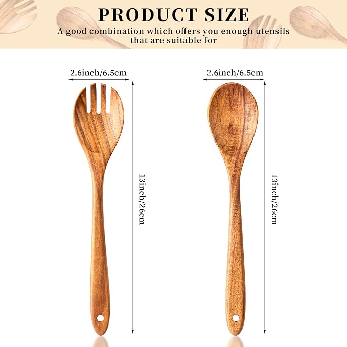 Gudamaye Acacia Wooden Salad Server Set, 13 inch Salad Tongs - Image 2