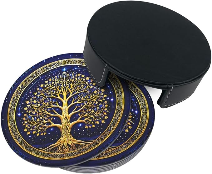 Drink Coasters with Holder Stand Set of 6, Tree of Life Gold Pu Leather - Image 7