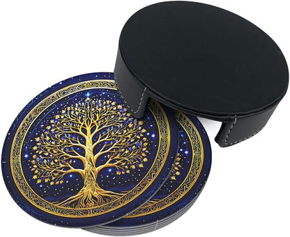 Drink Coasters with Holder Stand Set of 6, Tree of Life Gold Pu Leather - Image 7