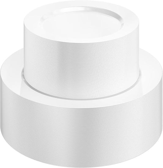 Quatish 120 Pcs White Disposable Plastic Plates for Party,Wedding Plate Includes 60 Pes 10.25 Inch 60 Pes 7.5 Inch Heavy Duty Dinner & Dessert Plates, Perfect for Festivals,Picnics