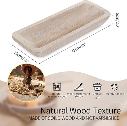 Romadedi Decorative Bowls for Home Decor - 16" Wooden Dough Bowl for Decor, Large Wood Bowl for Kitchen Table Centerpieces Long Narrow Wooden Tray for Dining Table Whitewashed