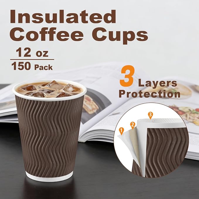 BYSNOW 150 Pack 12 oz Coffee Cups, Insulated Disposable Hot Paper Cups | - Image 2