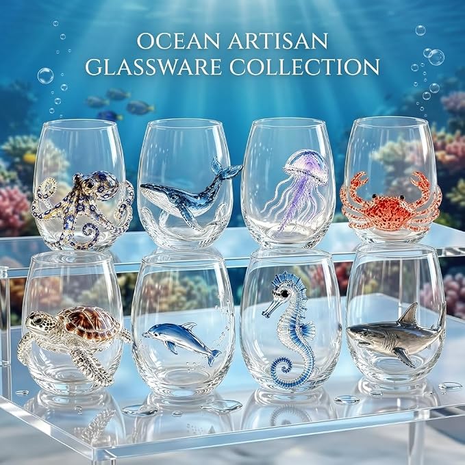 Artisanal Blue Ringed Octopus Glassware, 3D Ocean Glass Wine Glass，Crab | - Image 5
