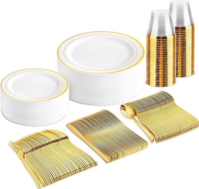 bUCLA 150PCS Gold Plastic Dinnerware Set Disposable by BUCLA