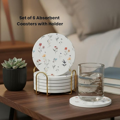 Ceramic Absorbent Coasters Set of 6 with Holder, Marble Drink Coasters for Coffee Table, Water-Absorbing Stone Coasters (Flowers Floral Design)