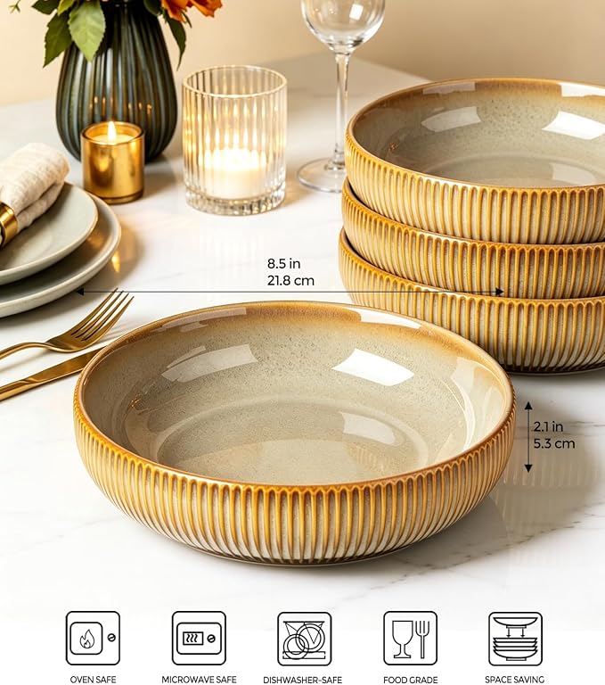 8.5" Ceramic Pasta Bowls Set of 4, Salad Bowls | Versatile Serving Bowls - Image 2