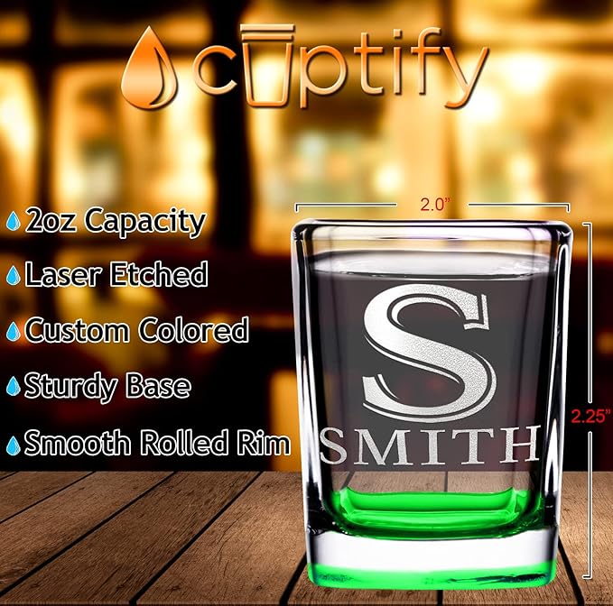 Personalized Square Shot Glasses Green Bottom 2oz Engraved Initial and Name Custom Gifts, Weddings, Birthdays, Party, Event, Decorations