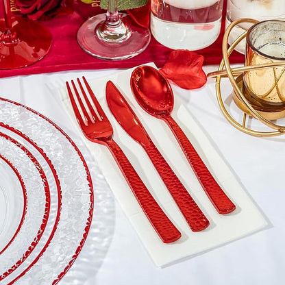 Ciaell 350 PCS Clear and Red Plastic Plates – Red Dinnerware Set for 50 Guests Include 100 Plastic Plates, 50 Pre Rolled Napkins with Cutlery Set, 50 Cups for Wedding & Party & Anniversary