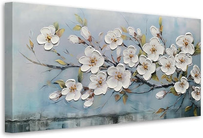 Anolyfi White Textured Flowers Wall Art for Living Room Canvas Wall Decor, Modern Elegant Landscape Wall Art for Dining Room Hallway Office Home 40"x20"