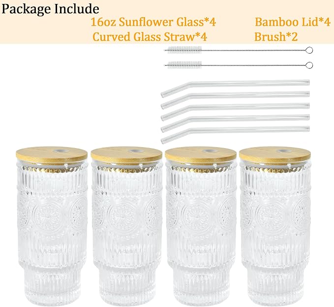 Glass Cups with Lids and Straws 16 oz Sunflower Drinking Glasses Set | Embossed - Image 7