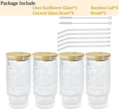 Glass Cups with Lids and Straws 16 oz Sunflower Drinking Glasses Set | Embossed - Image 7