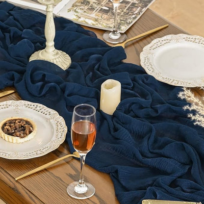 Artoid Mode Boho Cheesecloth Gauze Navy Blue Wedding Table Runner, 120 Inch - Image 3