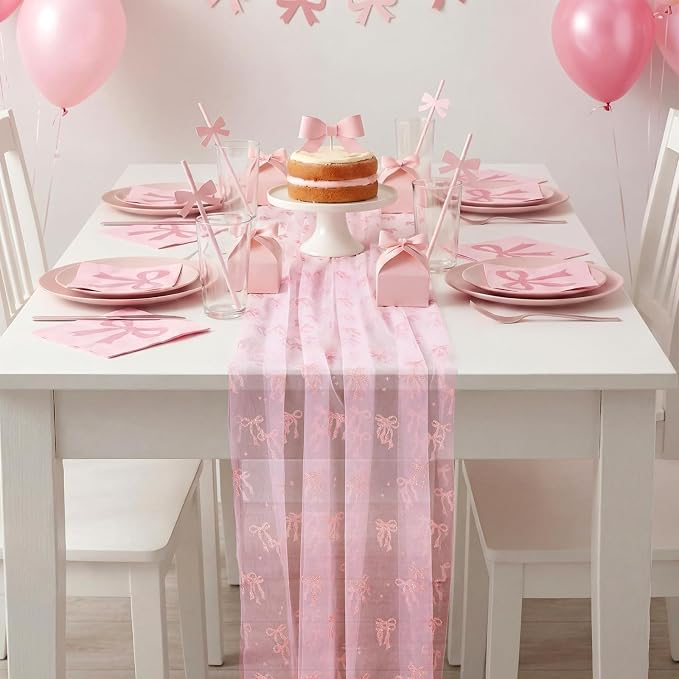 4 Pcs Pink Bow Table Runners 29 x 70 Inch Pink Tulle Lace Table Runner Coquette - Image 7