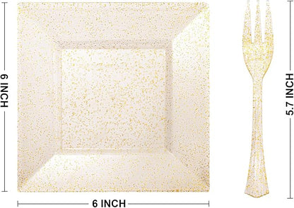 DaYammi 100Pcs Gold Glitter Dessert Plates Including 50Pcs Appetizer Plates 6",50Pcs Plastic Forks 5.7",Gold Glitter Plastic Square Plate for Party,Gold Salad Plate with Cake Fork for Birthday Wedding