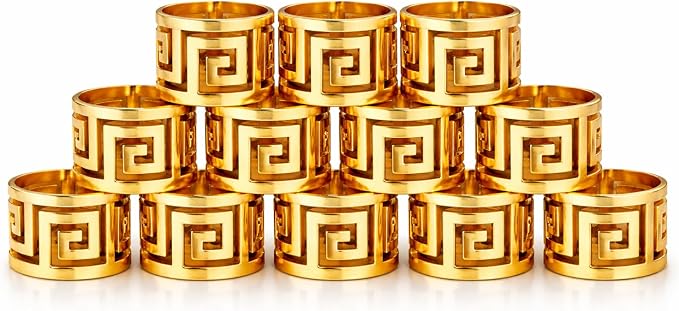 Shiny Gold Napkin Rings Set of 12, Greek Key Round, Modern Cuff Design - Image 8