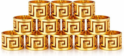 Shiny Gold Napkin Rings Set of 12, Greek Key Round, Modern Cuff Design - Image 8