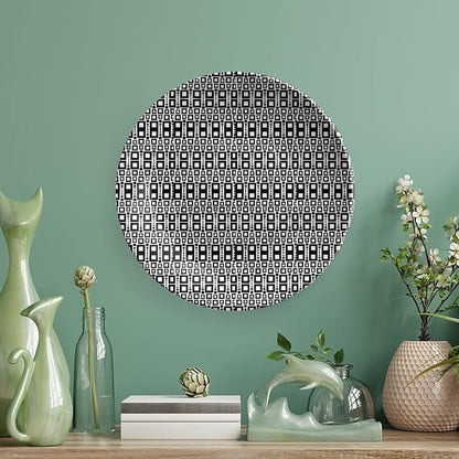 Ceramic Display Plate, Abstract Ceramic Hanging Decorative Plate, Monochrome Squares of Motif Grid Design Geometric, 10 Inch, Living Room Kitchen Decoration Household, Black White