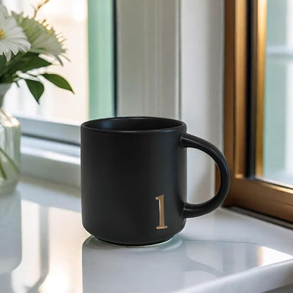 COLLECTIVE HOME Black Ceramic Coffee Mug, 15 oz Golden Monogram Tea Cup | - Image 6