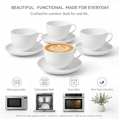 Porcelain Cappuccino Cups with Saucers, 4-Piece Coffee Cup Set | Glossy - Image 6