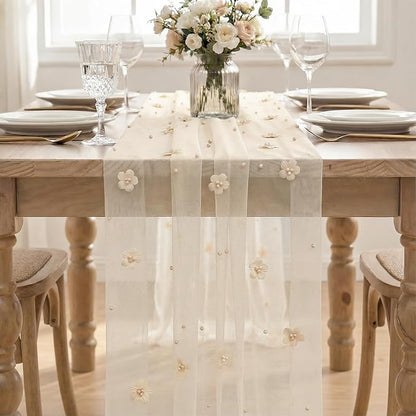 Artoid Mode Flower Pearl Peach Gauze Table Runner 10FT, Seasonal Sheer Dining - Image 2