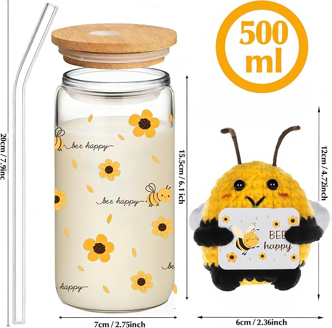 MUJUZE Bee Happy Glass Cup Gift Set, Bee Glass Cup - Image 4