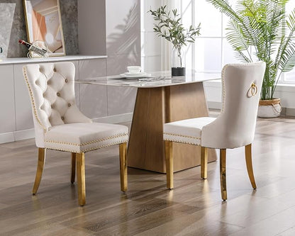 KCC Velvet Dining Chairs Set of 2, Upholstered High-end Tufted Dining Chair with Nailhead Back Ring Pull Trim Stainless Steel Legs, Contemporary Nikki Collection Modern Style for Kitchen, Beige