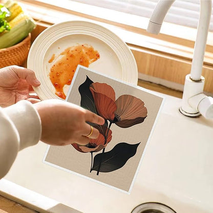 Swedish Dishcloths for Kitchen, Floral Botanical Swedish DishCloths, Papaya Reusable Paper Towels Washable, 4 Pcs Dish Towels for Kitchen Party Home Housewarming Cleaning Cloths
