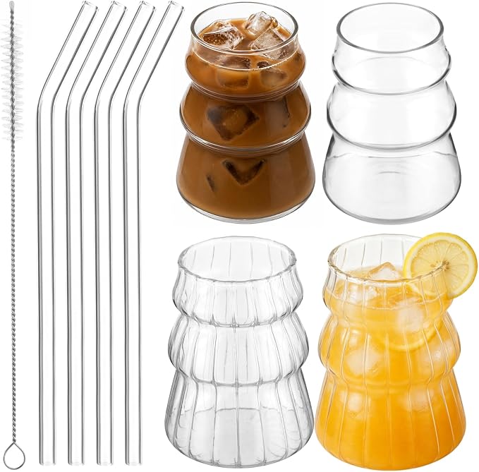 4 Pcs Ribbed Glass Cups Set by FELISTORY