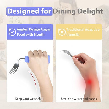 Adaptive Utensils Angled Knife and Fork for Hand Tremors Parkinsons,Weighted Utensils with Non-Slip Easy Grip Handles for Independent Eating (1pcs Bent Knife+1pcs Fork,Purple,Right Hand)