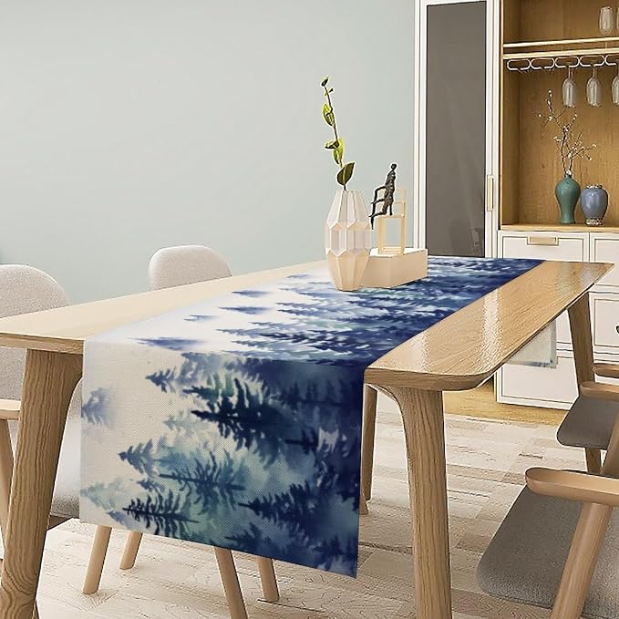 Watercolor Blue Pine Trees Table Runner, Forest Woodland Tabletop Scarf Home - Image 2