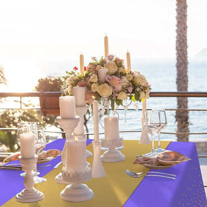 8Pack Disposable Plastic Tablecloths and Satin Table Runner Set Purple and Gold - Image 7