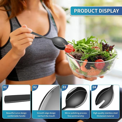 Black Salad Utensils Set, 9.4 Inch Stainless Steel Salad Tossing Spoon And Fork - Image 3