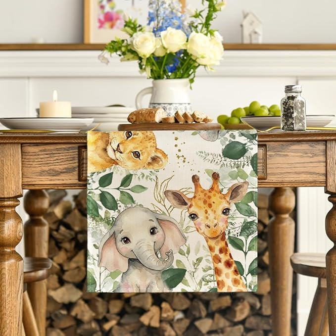 Artoid Mode Animals Elephant Giraffe BabyShower Table Runner, Seasonal Spring - Image 2