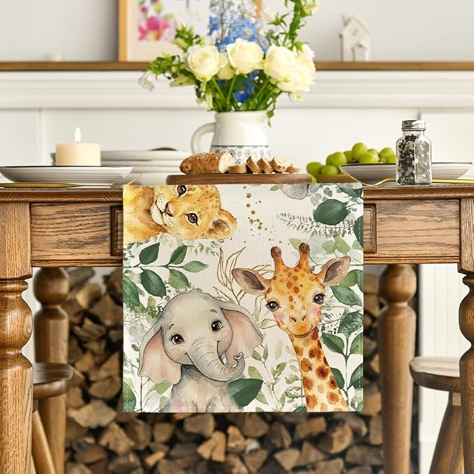 Artoid Mode Animals Elephant Giraffe Baby Shower Table Runner, Seasonal Spring - Image 2