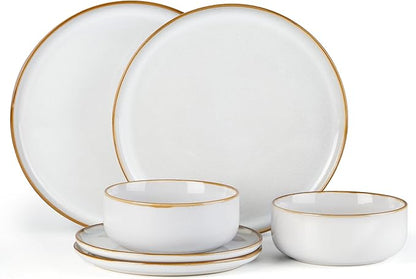 E-far Plates and Bowls Set for 2, 6-Piece Stoneware Dinnerware Sets, Ceramic Dinning Ware Reactive Glaze Dishes Set, Microwave & Dishwasher Safe - Seashell White