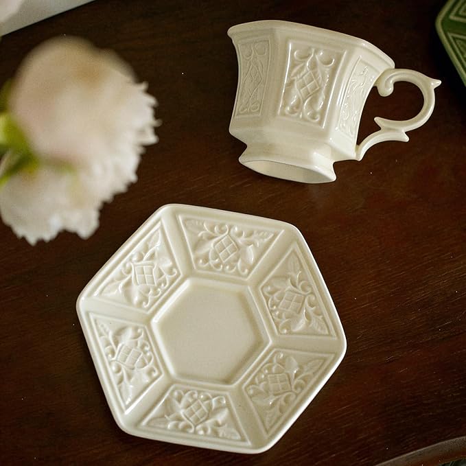 KAMMAK Tea Cups and Saucers Set of 2, 6 oz Porcelain Coffee Cups, SY003 | - Image 4