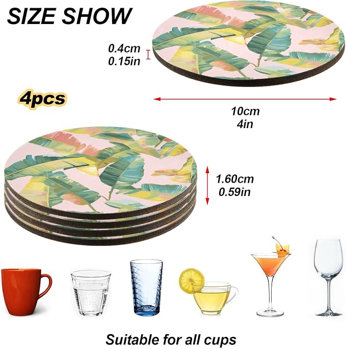 Tropical Banana Leaf Round Coaster 4 Pcs Cork Placemats Hot Pads - Image 4