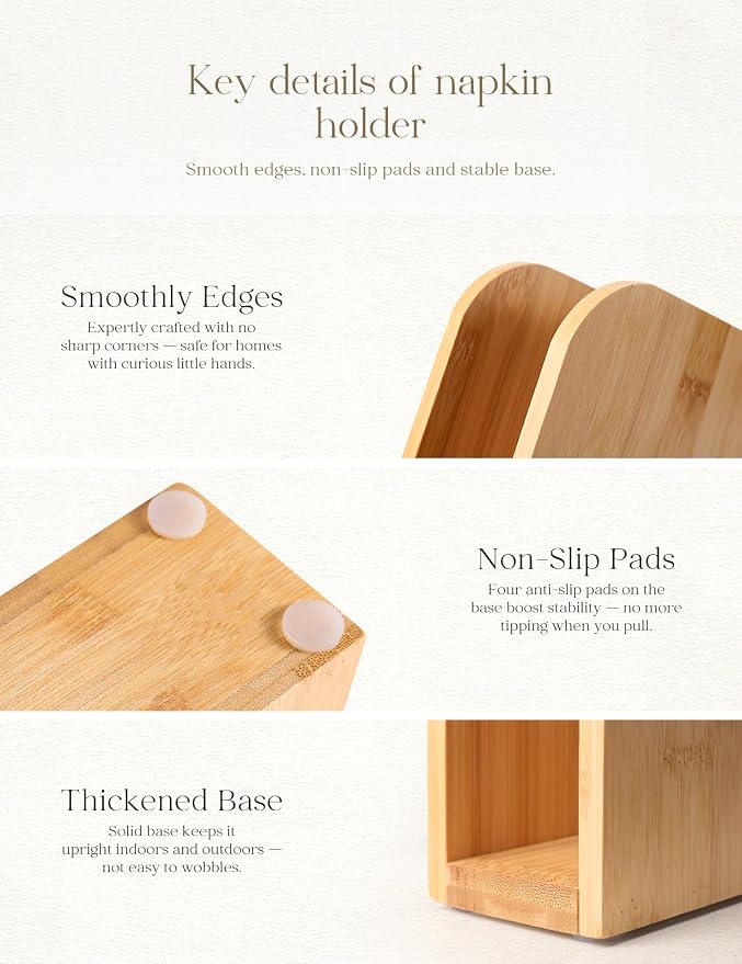 Napkin Holder for Table Stable Standing Napkin Dispenser Natural Bamboo | - Image 5