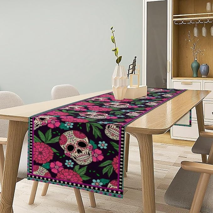 YCness Dia De Los Muertos Table Runner Red Floral Cinco De Mayo Rustic Linen - Image 4