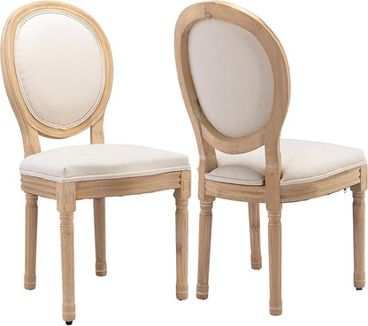 Vintage French Dining Chairs Set of 2, Round Back Accent Chairs with Linen Seat and Solid Wood Frame, Farmhouse Sillas de Comedor Upholstered for Dining Room & Kitchen, Beige