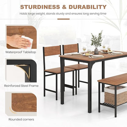 NAFORT Dining Table Set for 4 with Bench, Industrial Kitchen Table and Chairs, Rustic Brown Wood & Black Metal 4-Piece Dining Room Set for Apartment, Small Space, Kitchen, Restaurant