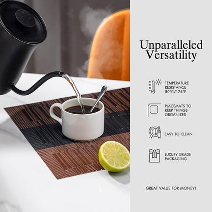 Placemats Set of 6 - Easy Clean Woven Vinyl Placemats for Dining Table, Indoor/Outdoor Place Mats, Washable PVC Table Mats （Ombre Brown Black）