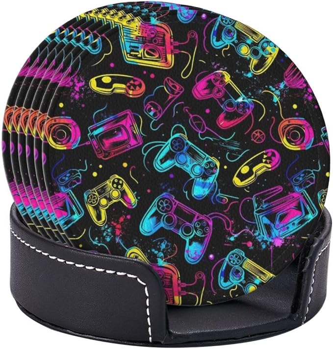 Drink Coasters with Holder Stand Set of 6, Bright Game Controller Pu Leather - Image 2