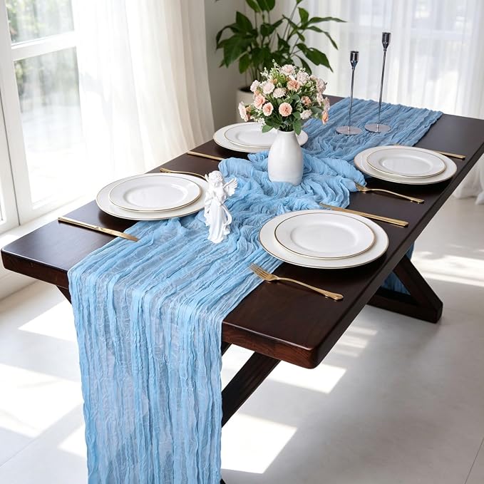 Light Blue Cheesecloth Table Runner 13.3FT Long Bridal Birthday Party - Image 6