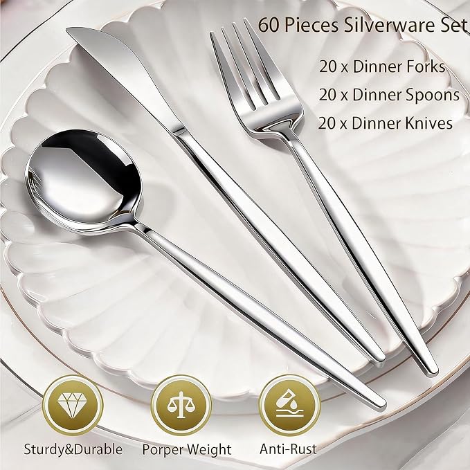 60-Piece Silverware Set for 20, Food Grade Stainless Steel Flatware Set - Image 2