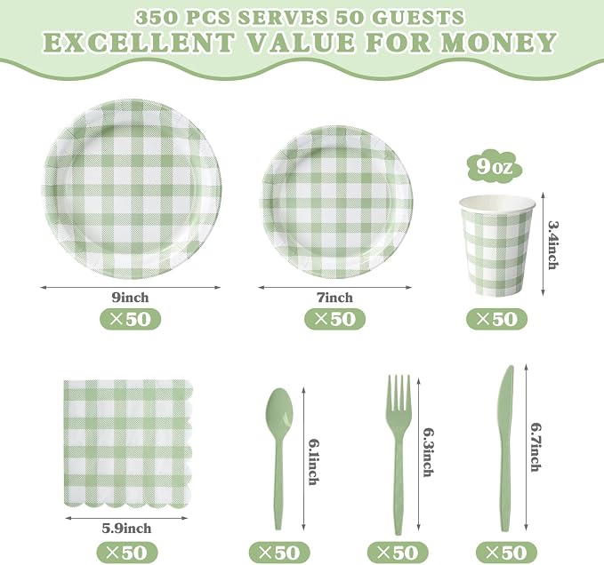 Vyntra 350 Pcs Sage Green Gingham Paper Plates and Napkins Set - Image 4