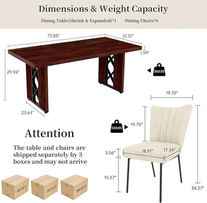 7-Piece Dining Table Set for 6 People, 70.8" MDF Kitchen Table with 6 Velvet Chairs, Space-Saving for Dining Room, Breakfast Nook(Walnut Table+6 Beige Chairs)