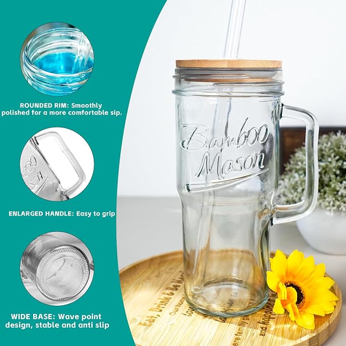 ANOTION Glass Cups with Lids and Straws - 24 oz Tumbler with Handle Christmas - Image 4