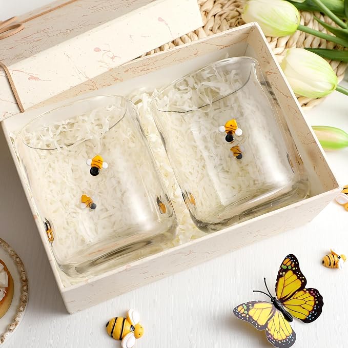 SiliFine 2 Pcs Bee Icon Juice Glasses - 14oz Yellow Bee Stemless Wine Drinking - Image 4