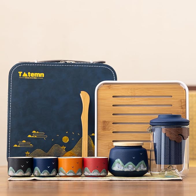 Portable Gongfu Tea Set with Travel Case, Ceramic Tea Set with Glass Teapot by Unknown